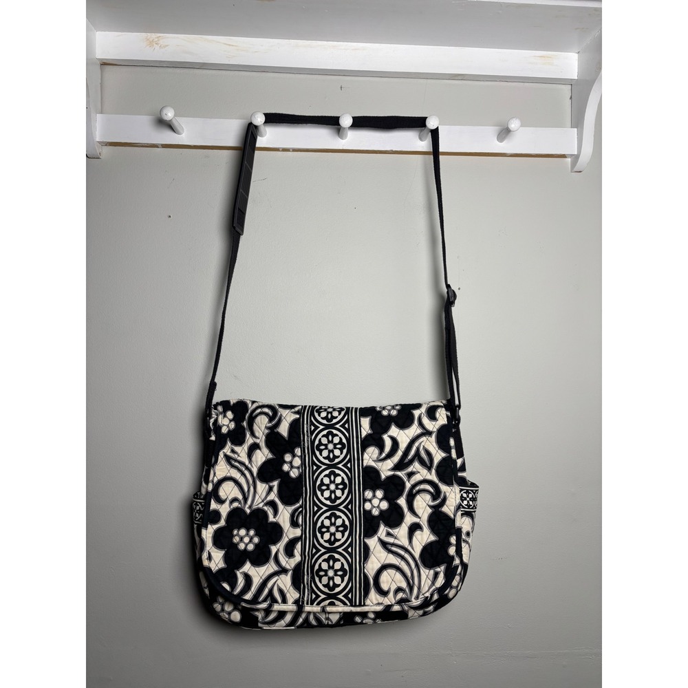 Vera Bradley Black White Floral Quilted Messenger Crossbody Bag